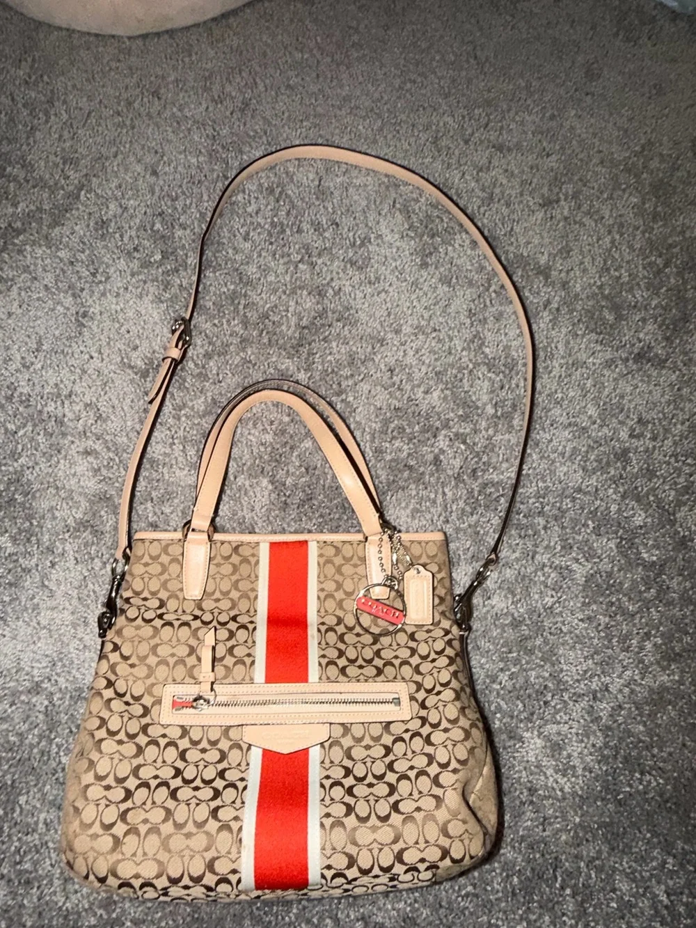 COACH Authentic Signature Stripe Foldover Crossbody Tote Bag F27024